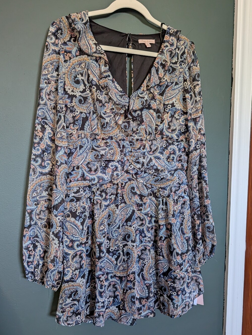 City Studio Paisley Tiered Long-Sleeve Dress - Black, Blue & Cream